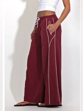Cali1850 Nylon Wide Leg Track Pants Burgundy Side Stripe L